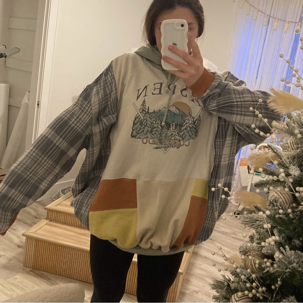 Aspen Colorado sweatshirt Upcycled patchwork rework hoodie defective garments